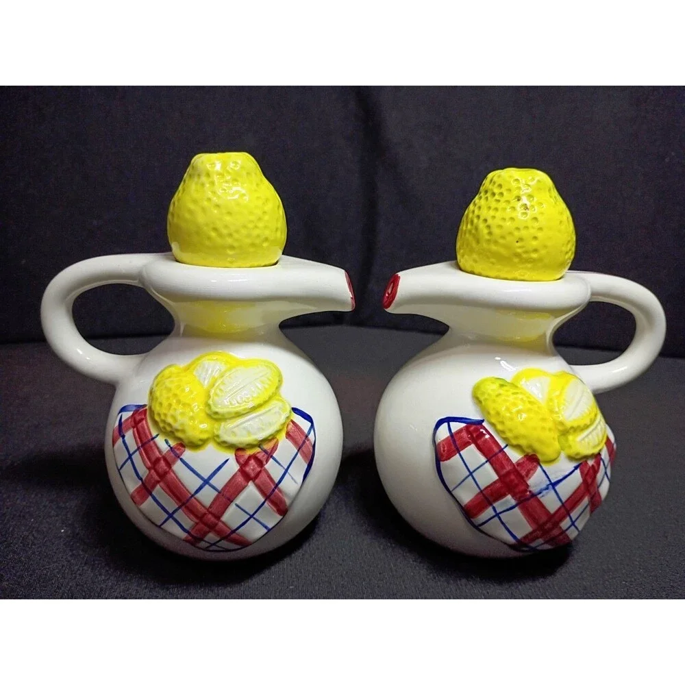 Lemon Oil Vinegar Cruet Set Ceramic Pitchers Plaid Gingham Country Kitchen